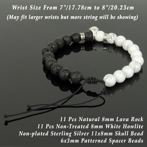 Biker Skull Jewelry Handmade Braided Stone Bracelet - Mens Womens Protection, Casual Wear with Lava Rock & White Howlite Adjustable Drawstring, Genuine S925 Sterling Silver Beads BR1700