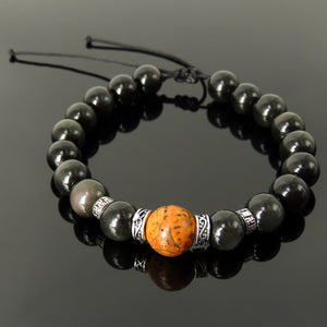 Dragon Eye Bodhi Seed Gemstone Jewelry Handmade Braided Bracelet - Mens Womens Enlightenment, Casual Wear with Rainbow Black Obsidian 10mm Beads, Adjustable Drawstring, S925 Sterling Silver Spacer Beads BR1702