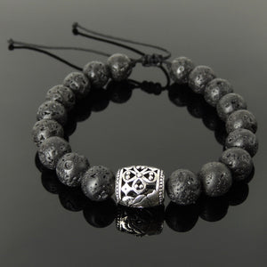 Prayer Gemstone Jewelry Handmade Braided Bracelet - Mens Womens Spiritual, Casual Wear with 10mm Lava Rock, Adjustable Drawstring, S925 Sterling Silver Virgin Mary Barrel Bead BR1704