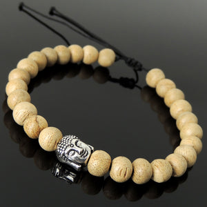 Handmade Buddha Meditation Mala Jewelry Braided Bracelet - Mens Womens Yoga, Healing with 7mm Indonesia White Sand Agarwood, Adjustable Drawstring, S925 Sterling Silver Bead BR1709