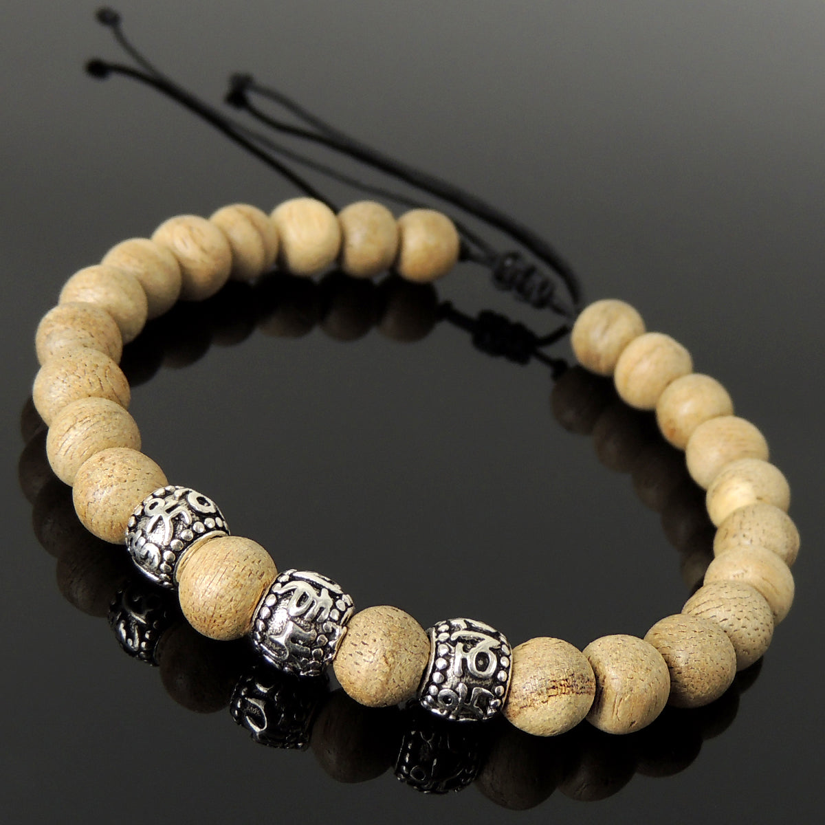 Handmade Meditation Mala Buddhism Jewelry Braided Bracelet - Mens Womens Longevity, Healing with 7mm Indonesia White Sand Agarwood, Adjustable Drawstring, S925 Sterling Silver Beads BR1711