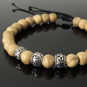 Handmade Meditation Mala Buddhism Jewelry Braided Bracelet - Mens Womens Longevity, Healing with 7mm Indonesia White Sand Agarwood, Adjustable Drawstring, S925 Sterling Silver Beads BR1711