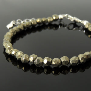 Handmade Natural Healing Gemstones Bracelet - Men's Womens Yoga & Pilates Wellness, Faceted Gold Pyrite (Fool's Gold), 5mm Beads with Elegant Metallic Luster, Sterling Silver, Chain, Clasp BR1712