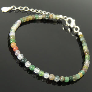 Handmade Natural Healing Multi-color Gemstone Bracelet - Men's Women's Happiness, Meditation with 3mm Indian Agate, S925 Sterling Silver Beads, Chain, Clasp BR1715