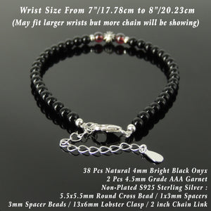 Handmade Healing Round Cross Gemstone Bracelet - Men's Women's Bright Black Onyx, Grade AAA Garnet, Genuine S925 Sterling Silver Clasp, Chain & Link  BR1717