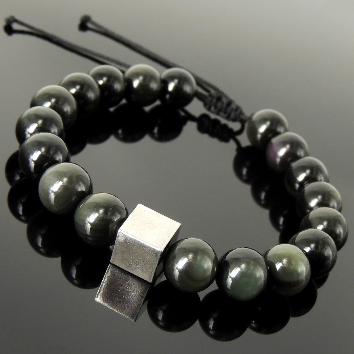 Energy Cube Gemstone Jewelry Handmade Braided Bracelet - Mens Womens Protection, Casual Wear with 10mm Rainbow Black Obsidian, Adjustable Drawstring, S925 Sterling Silver Bead BR1719