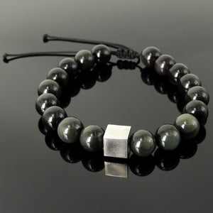 Energy Cube Gemstone Jewelry Handmade Braided Bracelet - Mens Womens Protection, Casual Wear with 10mm Rainbow Black Obsidian, Adjustable Drawstring, S925 Sterling Silver Bead BR1719