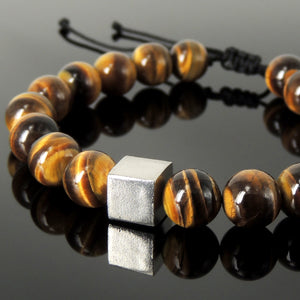 Handmade Braided Bracelet Energy Balance Cube - Mens Womens Protection, Casual Wear with 10mm Brown Tiger Eye Gemstone, Adjustable Drawstring, S925 Sterling Silver Bead BR1720