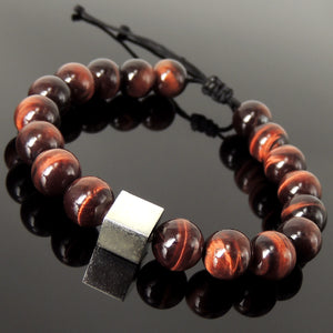 Handmade Braided Bracelet Energy Balance Cube - Mens Womens Protection, Casual Wear with 10mm Red Tiger Eye Gemstone, Adjustable Drawstring, S925 Sterling Silver Bead BR1721