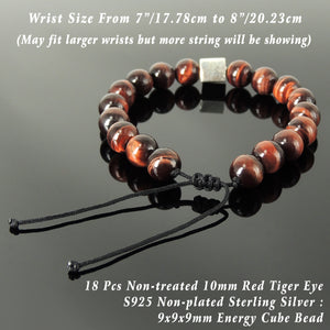 Handmade Braided Bracelet Energy Balance Cube - Mens Womens Protection, Casual Wear with 10mm Red Tiger Eye Gemstone, Adjustable Drawstring, S925 Sterling Silver Bead BR1721