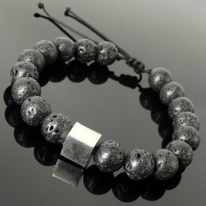 Energy Cube Stone Jewelry Handmade Braided Bracelet - Mens Womens Protection, Casual Wear with 10mm Lava Rock, Adjustable Drawstring, S925 Sterling Silver Bead BR1723