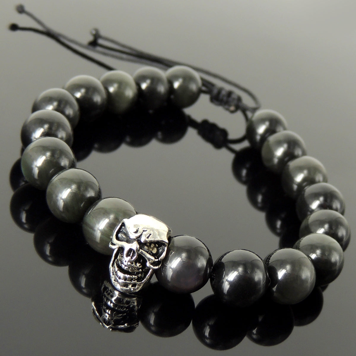 Biker Life Skull Gemstone Jewelry - Men's Women's Handmade Braided Bracelet Protection, Casual Wear with 10mm Rainbow Black Obsidian, Adjustable Drawstring, S925 Sterling Silver Bead BR1725