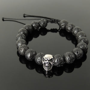 Biker Life Skull Stone Jewelry - Men's Women's Handmade Braided Bracelet Protection, Casual Wear with 10mm Lava Rock, Adjustable Drawstring, S925 Sterling Silver Bead BR1726