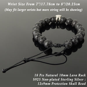 Biker Life Skull Stone Jewelry - Men's Women's Handmade Braided Bracelet Protection, Casual Wear with 10mm Lava Rock, Adjustable Drawstring, S925 Sterling Silver Bead BR1726