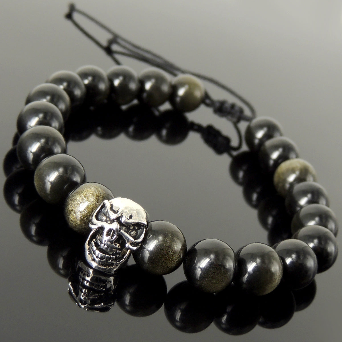 Biker Life Skull Gemstone Jewelry - Men's Women's Handmade Braided Bracelet Protection, Casual Wear with 10mm Golden Obsidian, Adjustable Drawstring, S925 Sterling Silver Bead BR1727