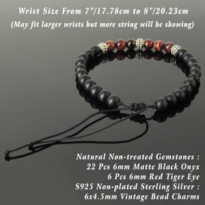 Vintage Handmade Braided Bracelet - Red Tiger Eye & Matte Black Onyx 6mm Gemstones, Adjustable Drawstring, S925 Sterling Silver Charms BR1729