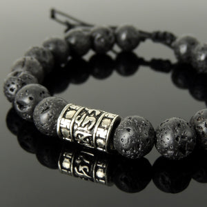Buddhism Meditation Stone Jewelry - Men's Women's Handmade Braided Bracelet Protection, Mental Awareness, Casual Wear with 10mm Lava Rock, Adjustable Drawstring, S925 Sterling Silver Barrel Bead BR1730