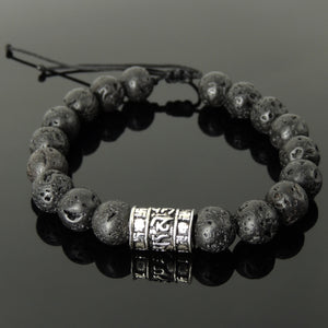 Buddhism Meditation Stone Jewelry - Men's Women's Handmade Braided Bracelet Protection, Mental Awareness, Casual Wear with 10mm Lava Rock, Adjustable Drawstring, S925 Sterling Silver Barrel Bead BR1730