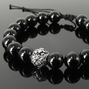 French Fleur de Lis Gemstone Jewelry - Men's Women's Handmade Braided Bracelet Protection, Mental Awareness, Casual Wear with 10mm Bright Black Onyx, Adjustable Drawstring, S925 Sterling Silver Charm Bead BR1734