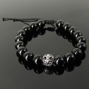 French Fleur de Lis Gemstone Jewelry - Men's Women's Handmade Braided Bracelet Protection, Mental Awareness, Casual Wear with 10mm Bright Black Onyx, Adjustable Drawstring, S925 Sterling Silver Charm Bead BR1734