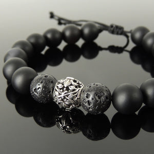 French Fleur de Lis Stone Jewelry - Men's Women's Handmade Braided Bracelet Protection, Mental Awareness, Casual Wear with 10mm Matte Black Onyx & Lava Rock, Adjustable Drawstring, S925 Sterling Silver Charm Bead BR1735