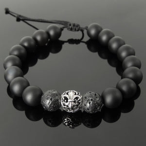 French Fleur de Lis Stone Jewelry - Men's Women's Handmade Braided Bracelet Protection, Mental Awareness, Casual Wear with 10mm Matte Black Onyx & Lava Rock, Adjustable Drawstring, S925 Sterling Silver Charm Bead BR1735