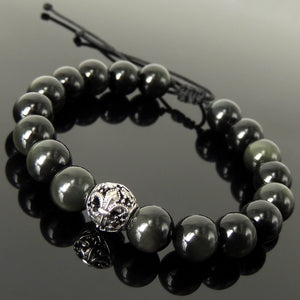 French Fleur de Lis Gemstone Jewelry - Men's Women's Handmade Braided Bracelet Protection, Mental Awareness, Casual Wear with 10mm Rainbow Black Obsidian, Adjustable Drawstring, S925 Sterling Silver Charm Bead BR1736