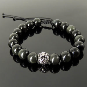 French Fleur de Lis Gemstone Jewelry - Men's Women's Handmade Braided Bracelet Protection, Mental Awareness, Casual Wear with 10mm Rainbow Black Obsidian, Adjustable Drawstring, S925 Sterling Silver Charm Bead BR1736