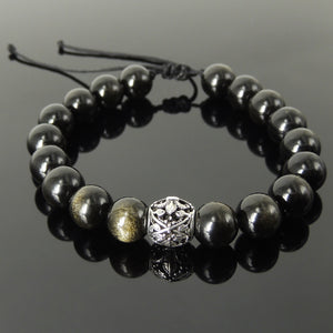 French Fleur de Lis Gemstone Jewelry - Men's Women's Handmade Braided Bracelet Protection, Mental Awareness, Casual Wear with 10mm Golden Obsidian, Adjustable Drawstring, S925 Sterling Silver Charm Bead BR1737
