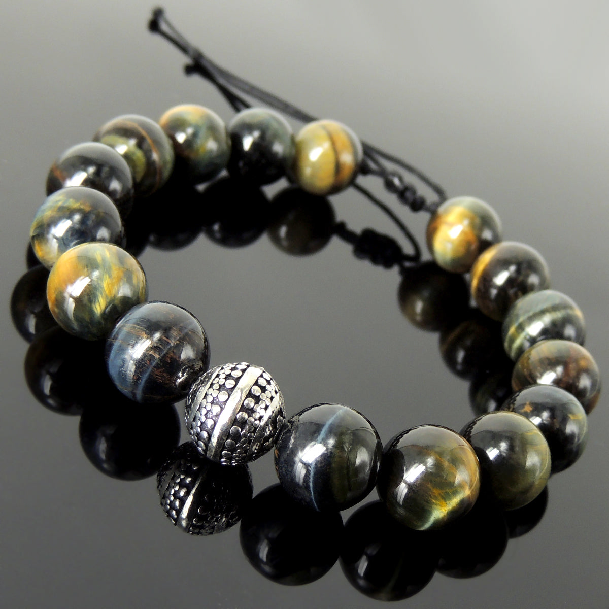 Healing Energy Gemstone Jewelry - Men's Women's Handmade Braided Bracelet Protection, Casual Wear with 12mm Brown Blue Tiger Eye, Adjustable Drawstring, S925 Sterling Silver Charm Bead BR1738