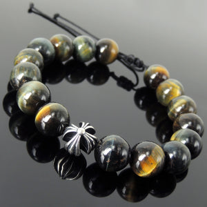 Healing Cross Gemstone Jewelry - Men's Women's Handmade Braided Bracelet Protection, Casual Wear with 12mm Brown Blue Tiger Eye, Adjustable Drawstring, S925 Sterling Silver Charm Bead BR1739