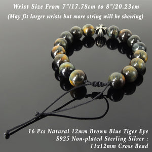 Healing Cross Gemstone Jewelry - Men's Women's Handmade Braided Bracelet Protection, Casual Wear with 12mm Brown Blue Tiger Eye, Adjustable Drawstring, S925 Sterling Silver Charm Bead BR1739