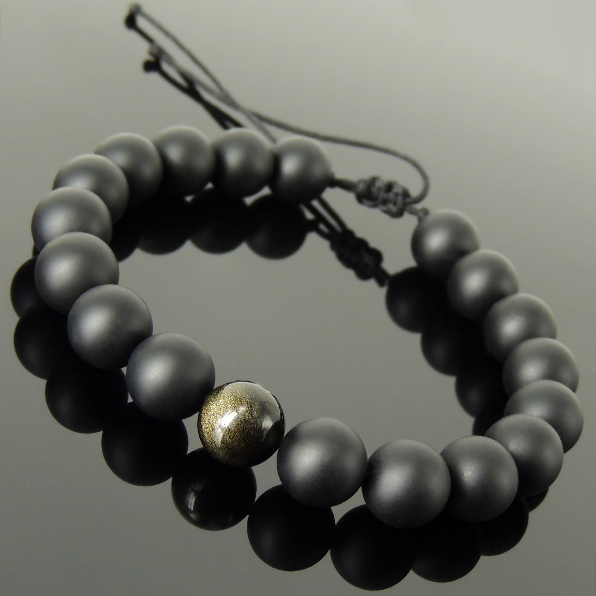 Healing Zen Gemstone Jewelry - Men's Women's Handmade Braided Bracelet Protection, Casual Wear with 10mm Golden Obsidian, Matte Black Onyx, Adjustable Drawstring BR1740