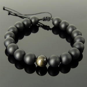 Healing Zen Gemstone Jewelry - Men's Women's Handmade Braided Bracelet Protection, Casual Wear with 10mm Golden Obsidian, Matte Black Onyx, Adjustable Drawstring BR1740