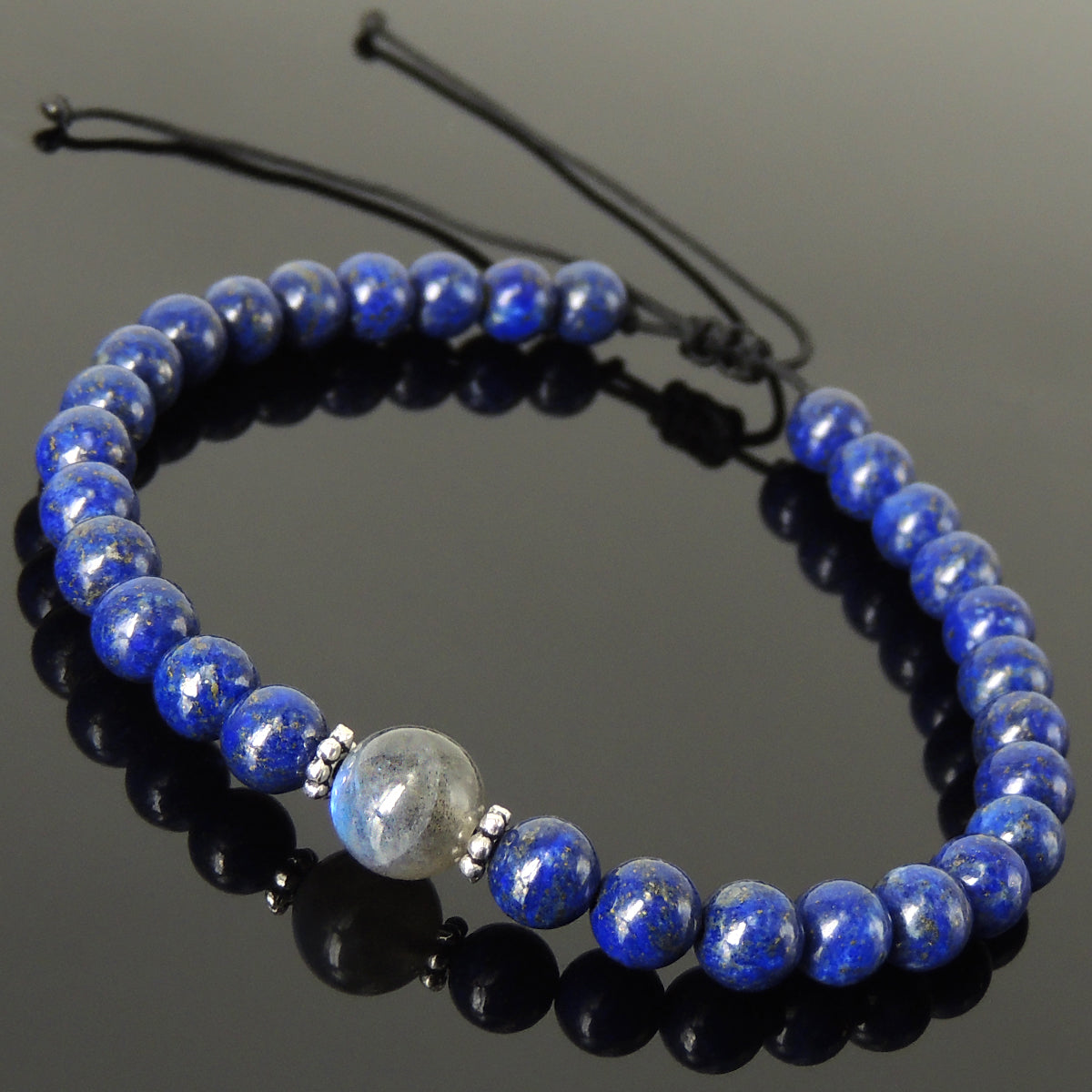 Cleansing Zen Protection Gemstone Jewelry - Men's Women's Handmade Braided Bracelet Casual Wear with Labradorite, Lapis Lazuli, Adjustable Drawstring, S925 Sterling Silver Vintage Spacer Beads BR1744