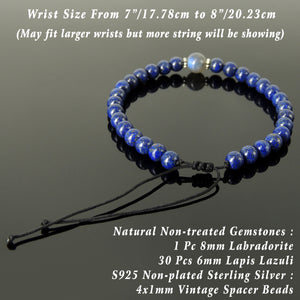 Cleansing Zen Protection Gemstone Jewelry - Men's Women's Handmade Braided Bracelet Casual Wear with Labradorite, Lapis Lazuli, Adjustable Drawstring, S925 Sterling Silver Vintage Spacer Beads BR1744