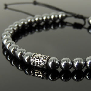 Cleansing Buddhism Protection Gemstone Jewelry - Men's Women's Handmade Braided Bracelet with 6mm Hematite, Adjustable Drawstring, S925 Sterling Silver Marcasite Barrel Bead BR1747