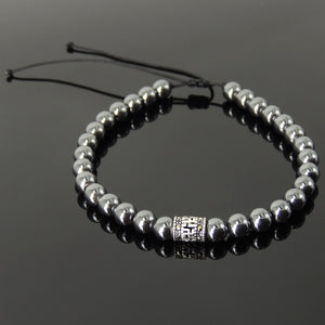 Cleansing Buddhism Protection Gemstone Jewelry - Men's Women's Handmade Braided Bracelet with 6mm Hematite, Adjustable Drawstring, S925 Sterling Silver Marcasite Barrel Bead BR1747