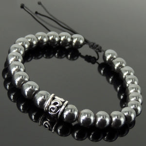 Cleansing Protection Gemstone Jewelry - Men's Women's Vintage Handmade Braided Bracelet with 6mm Hematite, Adjustable Drawstring, S925 Sterling Silver Barrel Charm BR1748