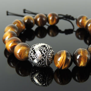 Cleansing Protection Gemstone Jewelry - Men's Women's Vintage Handmade Braided Bracelet with 12mm Brown Tiger Eye, Adjustable Drawstring, S925 Sterling Silver Fabergé Egg BR1749