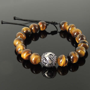 Cleansing Protection Gemstone Jewelry - Men's Women's Vintage Handmade Braided Bracelet with 12mm Brown Tiger Eye, Adjustable Drawstring, S925 Sterling Silver Fabergé Egg BR1749