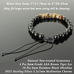 Meditation Protection Gemstone Jewelry - Men's Women's Handmade Braided Charm Bracelet with 8mm Grade AAA Brown Tiger Eye, Rainbow Black Obsidian, Adjustable Drawstring, S925 Sterling Silver BR1751