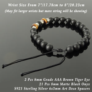 Art Deco Gemstone Jewelry - Men's Women's Handmade Braided Bracelet with 8mm Grade AAA Brown Tiger Eye, Matte Black Onyx, Adjustable Drawstring, S925 Sterling Silver BR1752