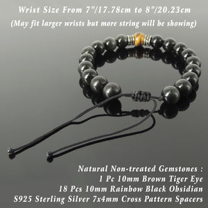 Men's Women's Gemstone Jewelry Handmade Braided Bracelet with 10mm Brown Tiger Eye, Rainbow Black Obsidian, Adjustable Drawstring, S925 Sterling Silver Cross Pattern Spacer Beads BR1753