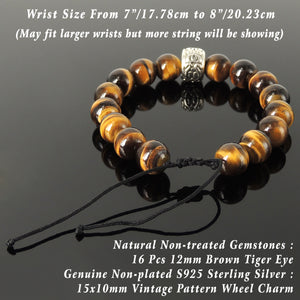 Vintage Pattern Men's Women's Gemstone Jewelry Handmade Braided Bracelet with 12mm Brown Tiger Eye, Adjustable Drawstring, S925 Sterling Silver Charm BR1754