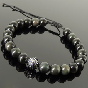 Men's Women's Healing Gemstone Jewelry Handmade Braided Bracelet with 8mm Rainbow Black Obsidian, Adjustable Drawstring, S925 Sterling Silver Starburst Cross Round Bead BR1755