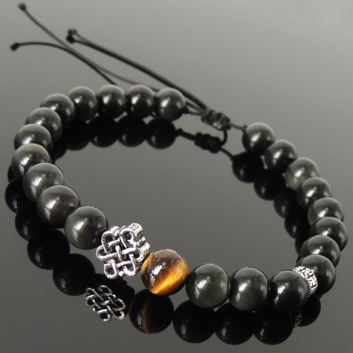 Healing Gemstone Jewelry Handmade Braided Bracelet with 8mm Rainbow Black Obsidian, Grade AAA Brown Tiger Eye, Adjustable Drawstring, S925 Sterling Silver Lucky Knot Charm, Buddhism Spacer Bead BR1757