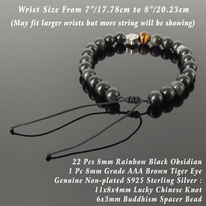 Healing Gemstone Jewelry Handmade Braided Bracelet with 8mm Rainbow Black Obsidian, Grade AAA Brown Tiger Eye, Adjustable Drawstring, S925 Sterling Silver Lucky Knot Charm, Buddhism Spacer Bead BR1757