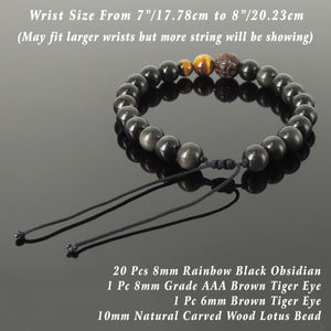 Carved Wooden Lotus Soothing Gemstone Jewelry - Handmade Braided Bracelet with Rainbow Black Obsidian, Grade AAA Brown Tiger Eye, Adjustable Drawstring BR1758