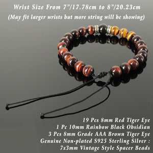 Vintage Design Healing Gemstone Jewelry - Men's Women's Handmade Braided Bracelet with 10mm Rainbow Black Obsidian, 8mm Red/Brown Tiger Eye, Adjustable Drawstring, S925 Sterling Silver BR1759